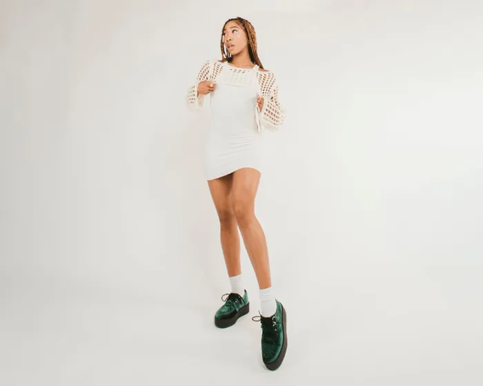 TUK Shoes Vegan Women Emerald Green Velvet Vegan Round Toe Viva Mondo Creeper TUK Shoes Vegan Women Emerald Green Velvet Vegan Round Toe Viva Mondo Creeper
