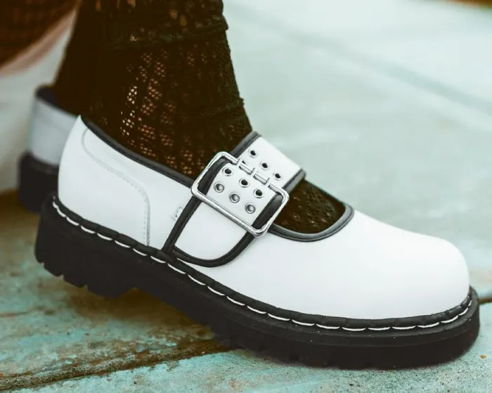 TUK Shoes Vegan Women White TUKskin Black Trim 3Prong Anarchic Mary Jane TUK Shoes Vegan Women White TUKskin Black Trim 3Prong Anarchic Mary Jane