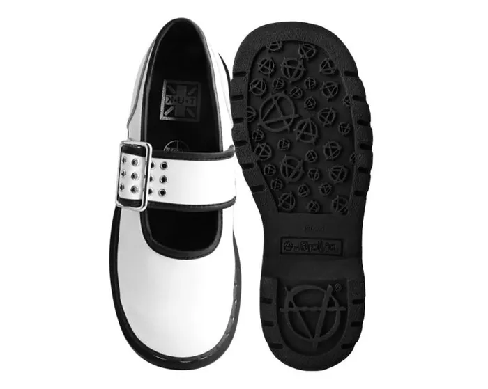 TUK Shoes Vegan Women White TUKskin Black Trim 3Prong Anarchic Mary Jane TUK Shoes Vegan Women White TUKskin Black Trim 3Prong Anarchic Mary Jane