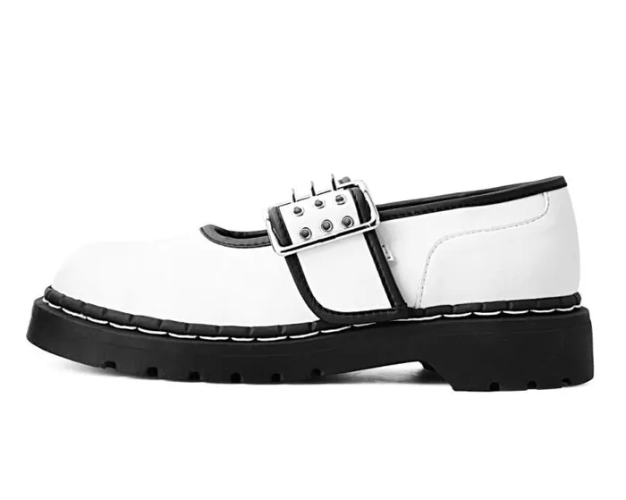 TUK Shoes Vegan Women White TUKskin Black Trim 3Prong Anarchic Mary Jane TUK Shoes Vegan Women White TUKskin Black Trim 3Prong Anarchic Mary Jane