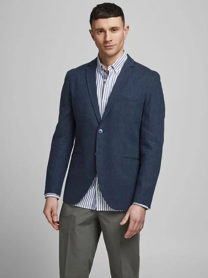 Tailoring JACK and JONES Mens SUPER SLIM FIT LINEN BLAZER Blue Dark Navy