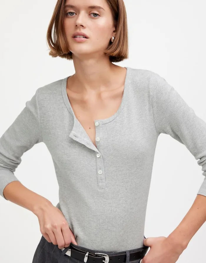 Tees Women Madewell Heathered WaffleKnit Scoopneck Henley Tee Hthr Grey