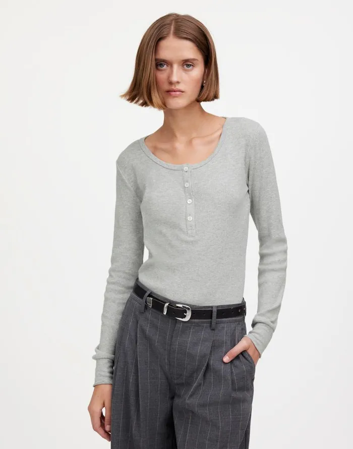 Tees Women Madewell Heathered WaffleKnit Scoopneck Henley Tee Hthr Grey