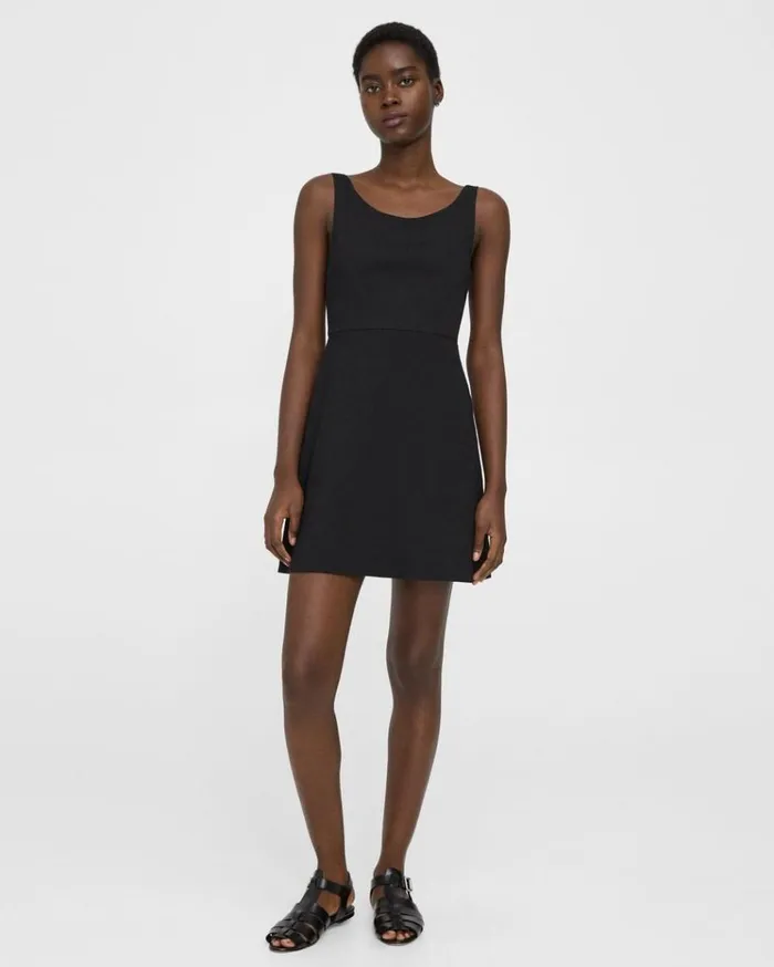 Theory Ballerina Neckline Mini Dress In Good Linen Black Women Dresses