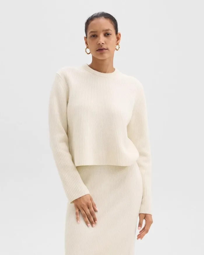Theory Crewneck Sweater In Felted WoolCashmere Ivory Women Sweaters Cardigans