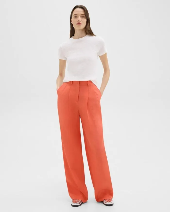 Theory Double Pleat Pant In Galena Linen Bright Coral Women Pants
