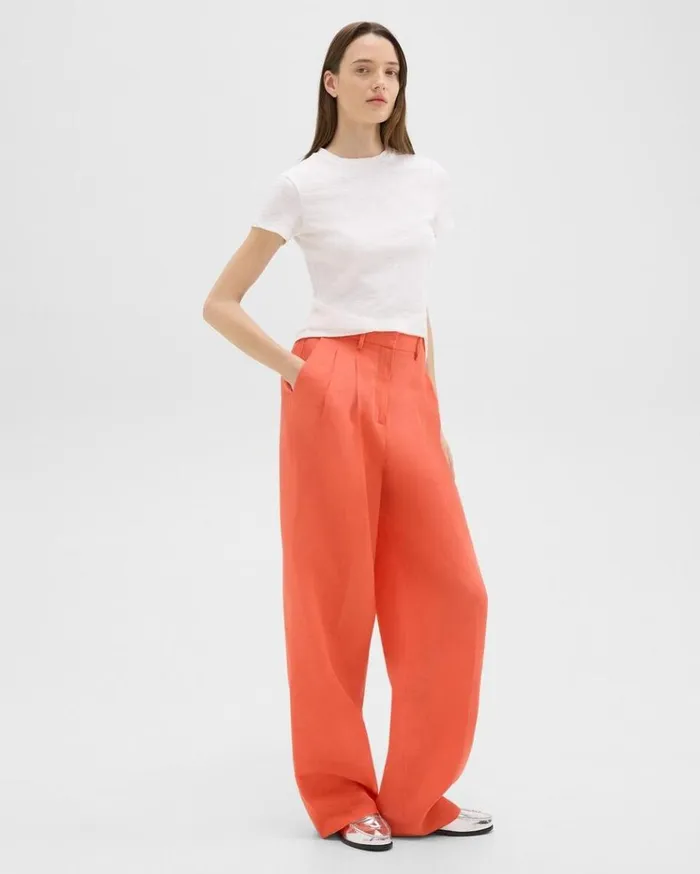 Theory Double Pleat Pant In Galena Linen Bright Coral Women Pants Theory Double Pleat Pant In Galena Linen Bright Coral Women Pants