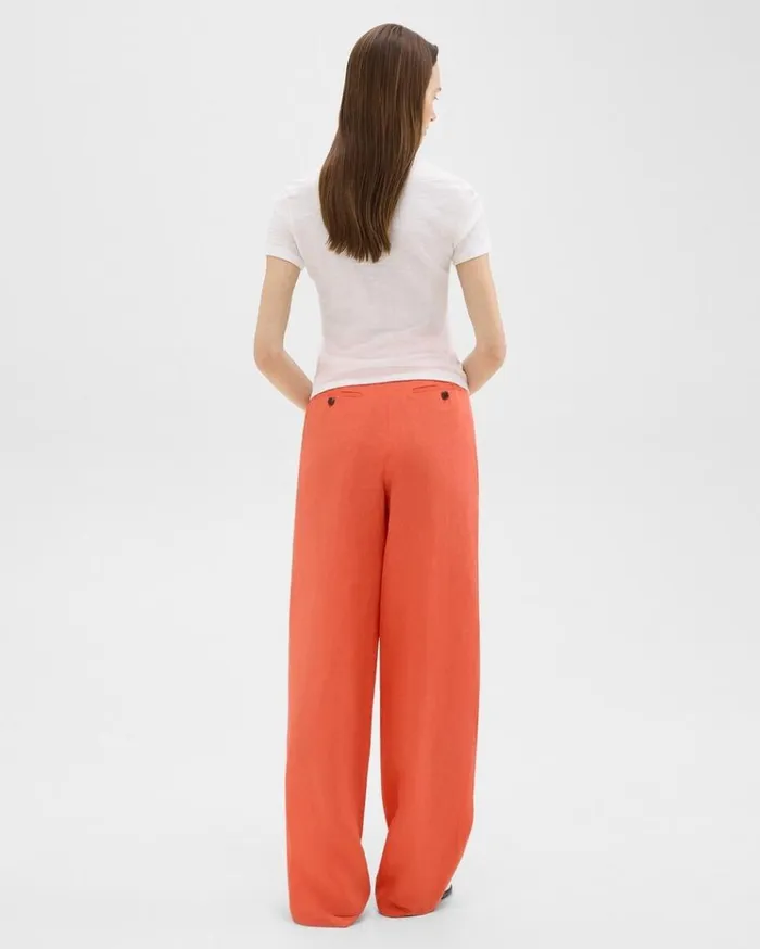 Theory Double Pleat Pant In Galena Linen Bright Coral Women Pants Theory Double Pleat Pant In Galena Linen Bright Coral Women Pants
