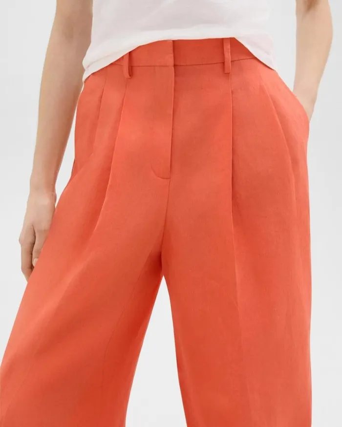 Theory Double Pleat Pant In Galena Linen Bright Coral Women Pants Theory Double Pleat Pant In Galena Linen Bright Coral Women Pants
