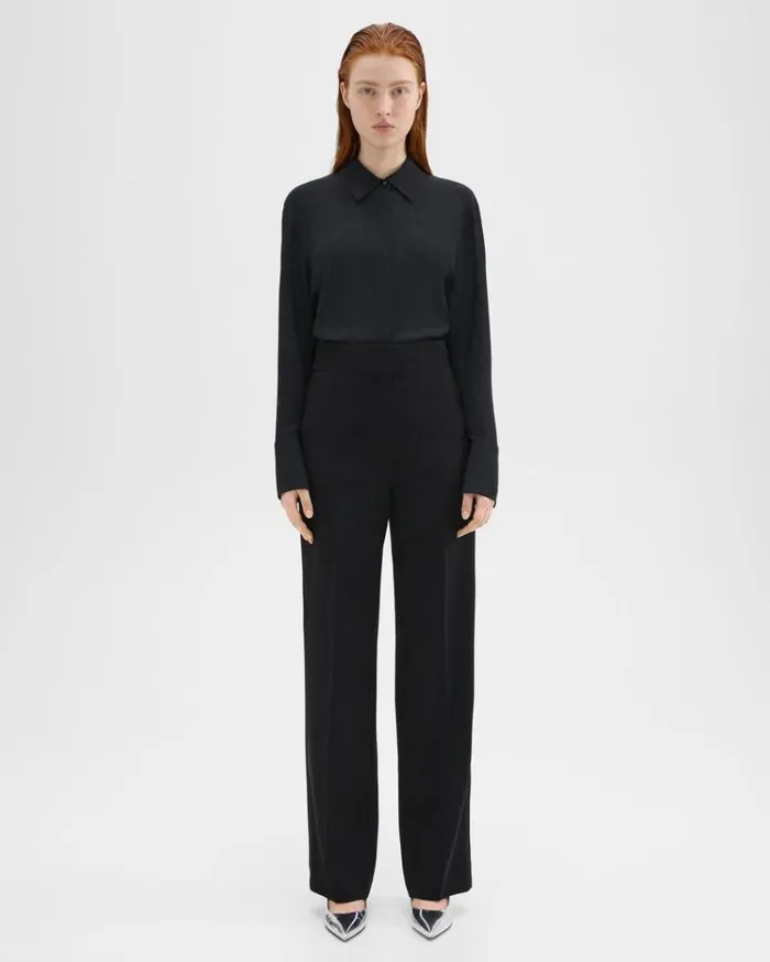 Theory HighWaist WideLeg Pant In Admiral Crepe Black Women Pants