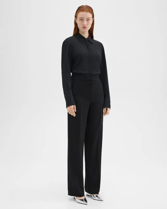 Theory HighWaist WideLeg Pant In Admiral Crepe Black Women Pants