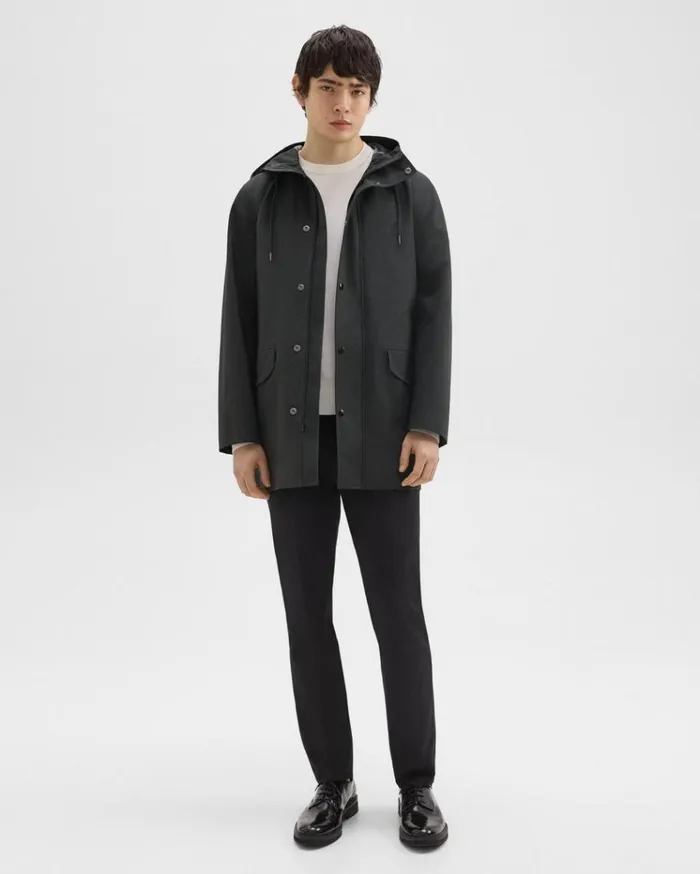 Theory Hooded Raincoat In Poplin Black Men Outerwear