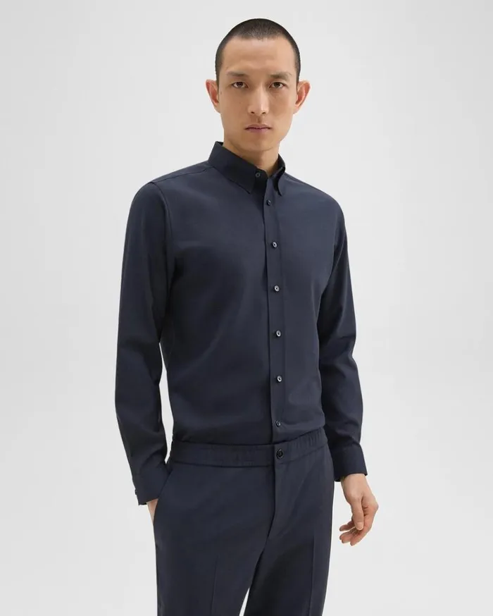 Theory Hugh Shirt In Virgin Wool Navy Men Shirts