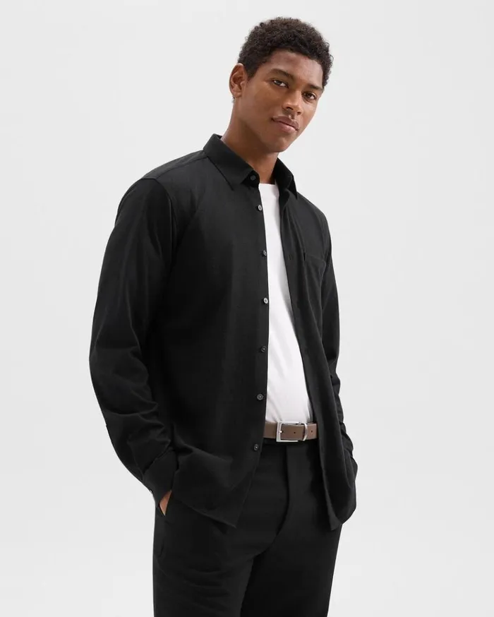 Theory Irving Pocket Shirt In Brushed Structure Knit Black Men Shirts