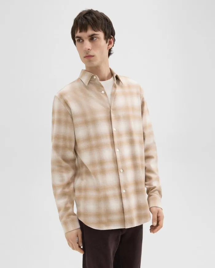 Theory Irving Shirt In Plaid Cotton Flannel Natural Melange Men Shirts