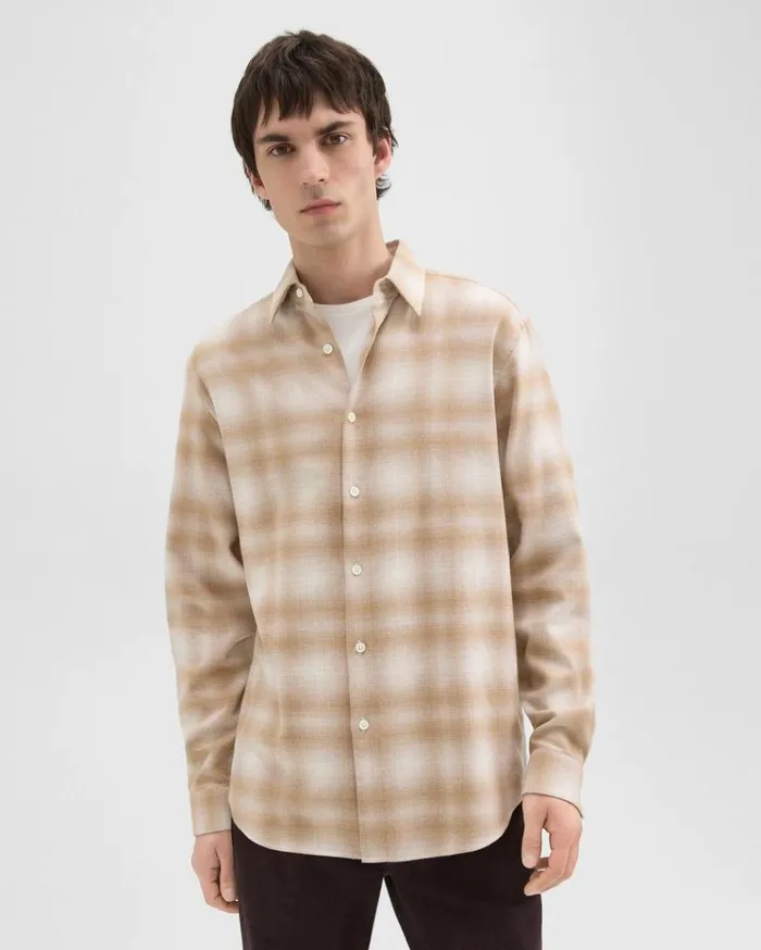 Theory Irving Shirt In Plaid Cotton Flannel Natural Melange Men Shirts Theory Irving Shirt In Plaid Cotton Flannel Natural Melange Men Shirts