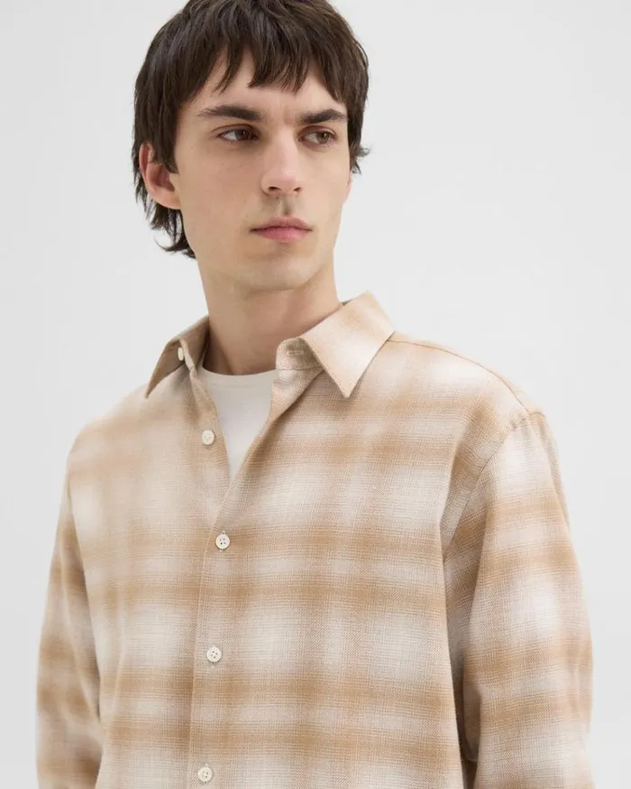 Theory Irving Shirt In Plaid Cotton Flannel Natural Melange Men Shirts Theory Irving Shirt In Plaid Cotton Flannel Natural Melange Men Shirts