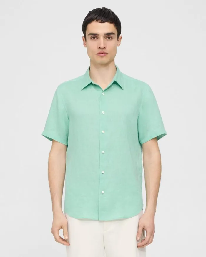 Theory Irving ShortSleeve Shirt In Relaxed Linen Celadon Men Shirts