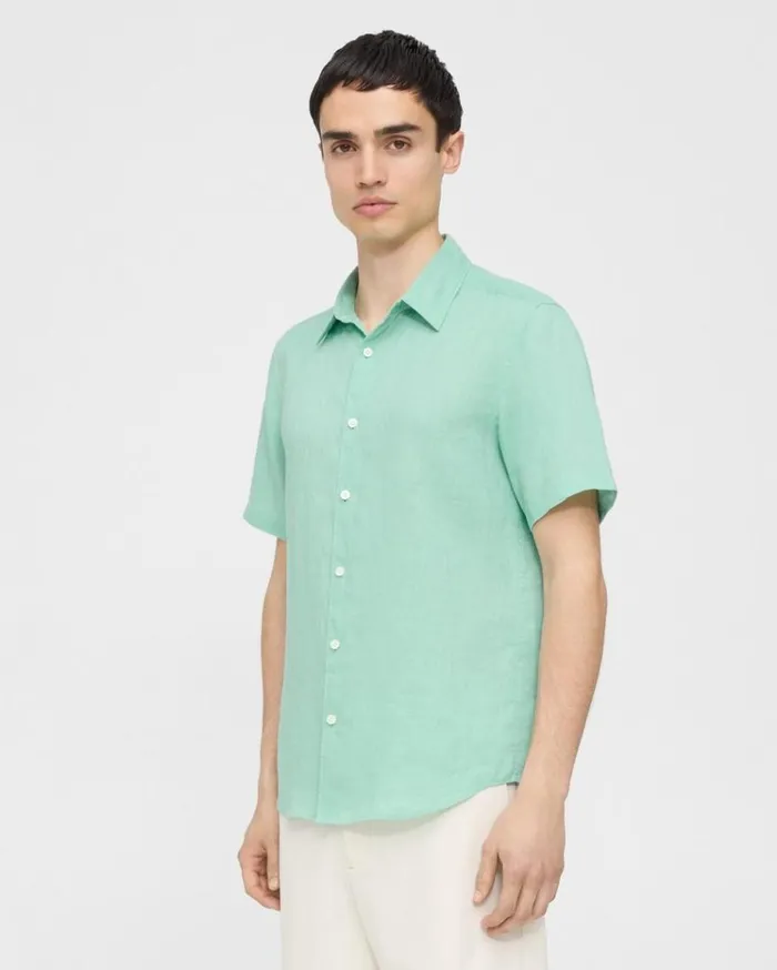 Theory Irving ShortSleeve Shirt In Relaxed Linen Celadon Men Shirts Theory Irving ShortSleeve Shirt In Relaxed Linen Celadon Men Shirts