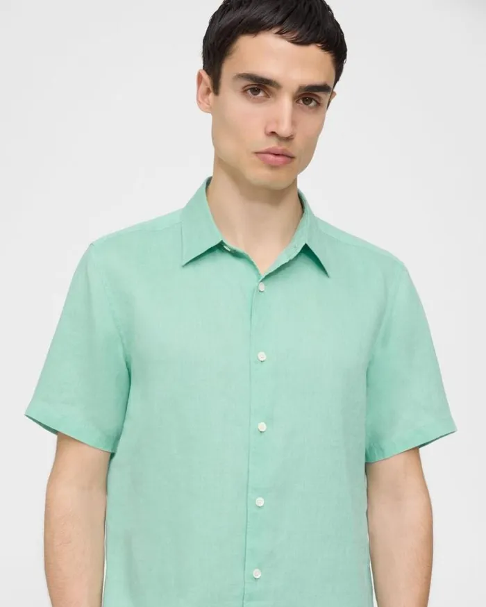Theory Irving ShortSleeve Shirt In Relaxed Linen Celadon Men Shirts Theory Irving ShortSleeve Shirt In Relaxed Linen Celadon Men Shirts