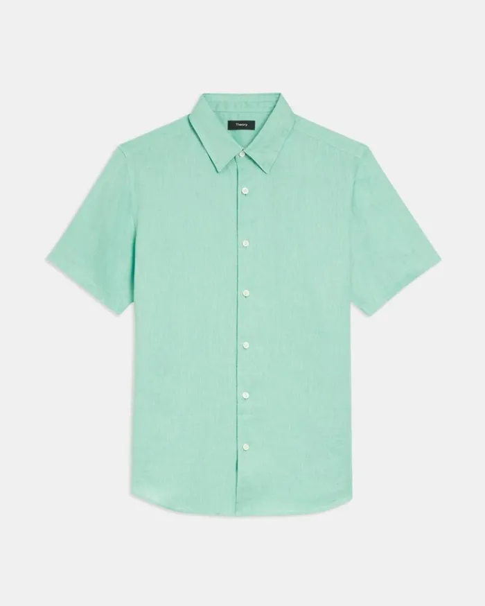 Theory Irving ShortSleeve Shirt In Relaxed Linen Celadon Men Shirts Theory Irving ShortSleeve Shirt In Relaxed Linen Celadon Men Shirts