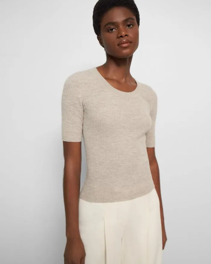 Theory Leenda Scoop Neck Sweater In Regal Wool Classic Khaki Women Tops