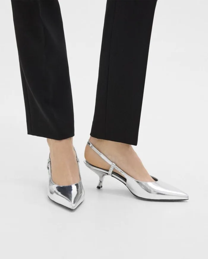 Theory Micro Slingback Pump In Metallic Leather Silver Women Shoes