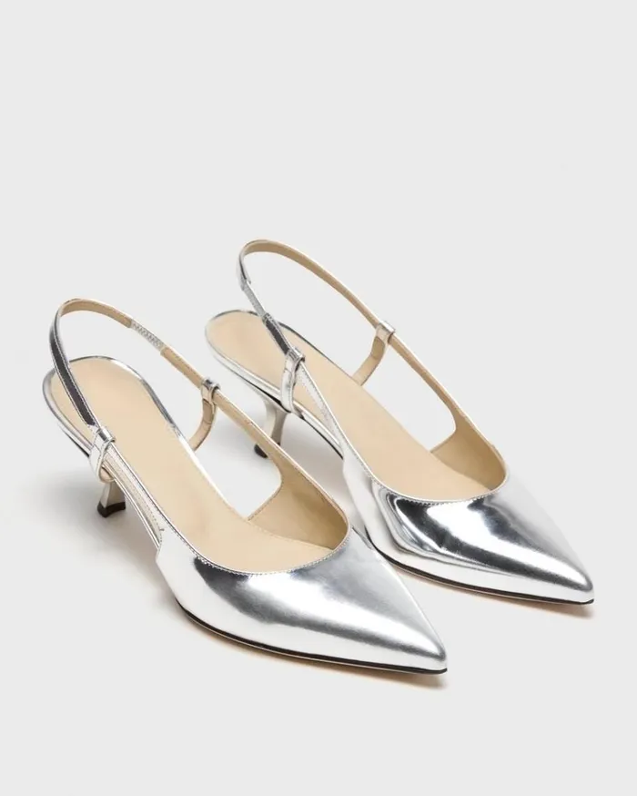 Theory Micro Slingback Pump In Metallic Leather Silver Women Shoes
