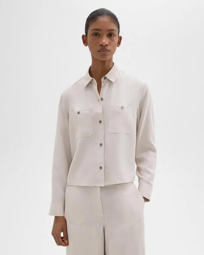 Theory Patch Pocket Shirt In Fluid Twill New Sand Women Tops