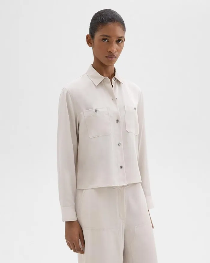 Theory Patch Pocket Shirt In Fluid Twill New Sand Women Tops Theory Patch Pocket Shirt In Fluid Twill New Sand Women Tops