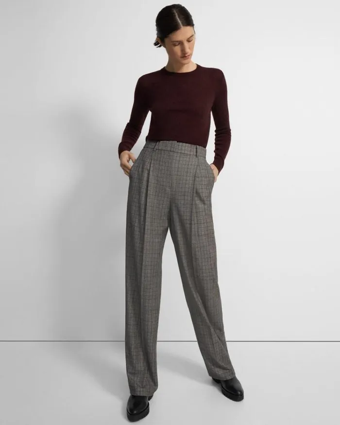 Theory Pleated WideLeg Pant In Wool Flannel Multi Women Pants