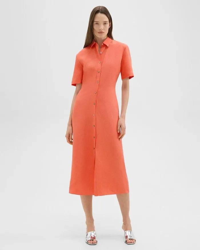 Theory ShortSleeve Shirt Dress In Galena Linen Bright Coral Women Dresses