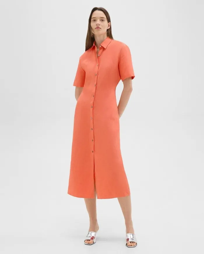 Theory ShortSleeve Shirt Dress In Galena Linen Bright Coral Women Dresses Theory ShortSleeve Shirt Dress In Galena Linen Bright Coral Women Dresses