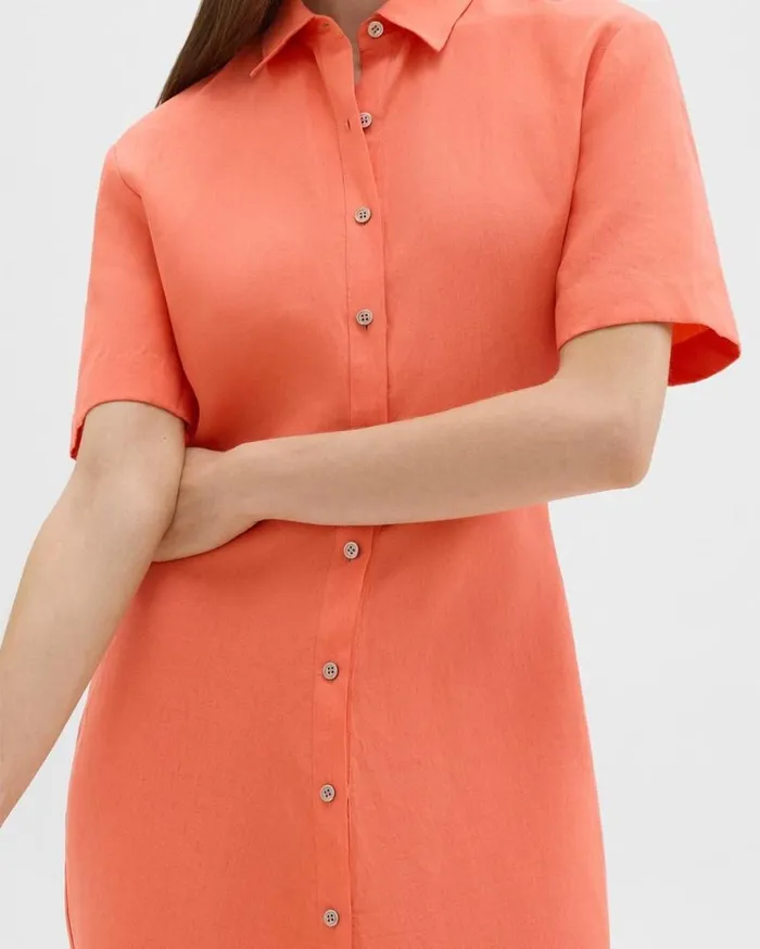 Theory ShortSleeve Shirt Dress In Galena Linen Bright Coral Women Dresses Theory ShortSleeve Shirt Dress In Galena Linen Bright Coral Women Dresses