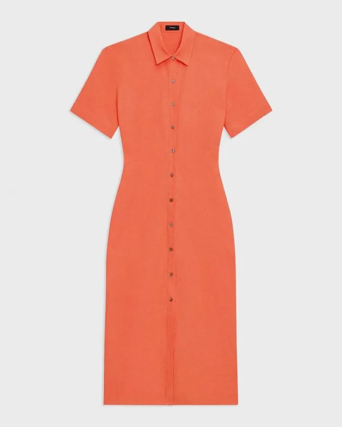 Theory ShortSleeve Shirt Dress In Galena Linen Bright Coral Women Dresses Theory ShortSleeve Shirt Dress In Galena Linen Bright Coral Women Dresses