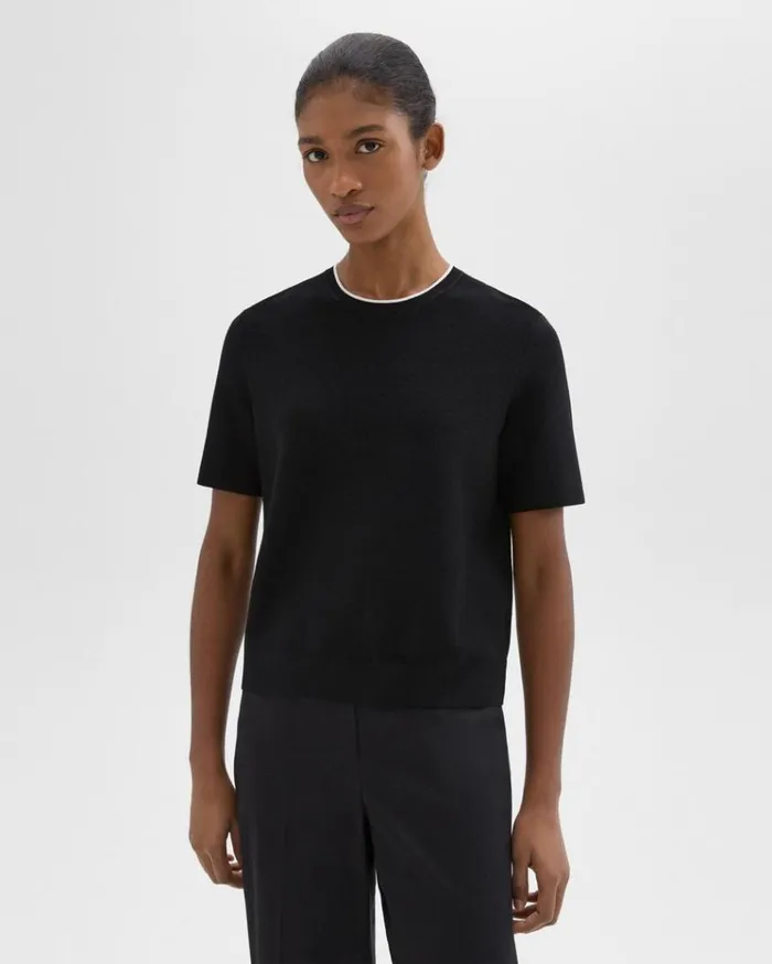 Theory ShortSleeve Sweater In Crepe Knit Black Women Sweaters Cardigans