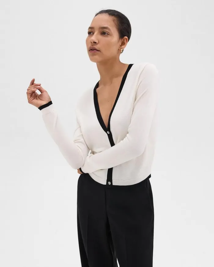 Theory Slim Cardigan In WoolViscose Ivoryblack Women Sweaters Cardigans