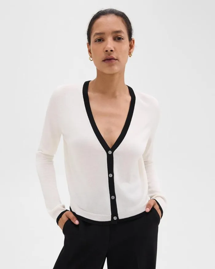 Theory Slim Cardigan In WoolViscose Ivoryblack Women Sweaters Cardigans Theory Slim Cardigan In WoolViscose Ivoryblack Women Sweaters Cardigans