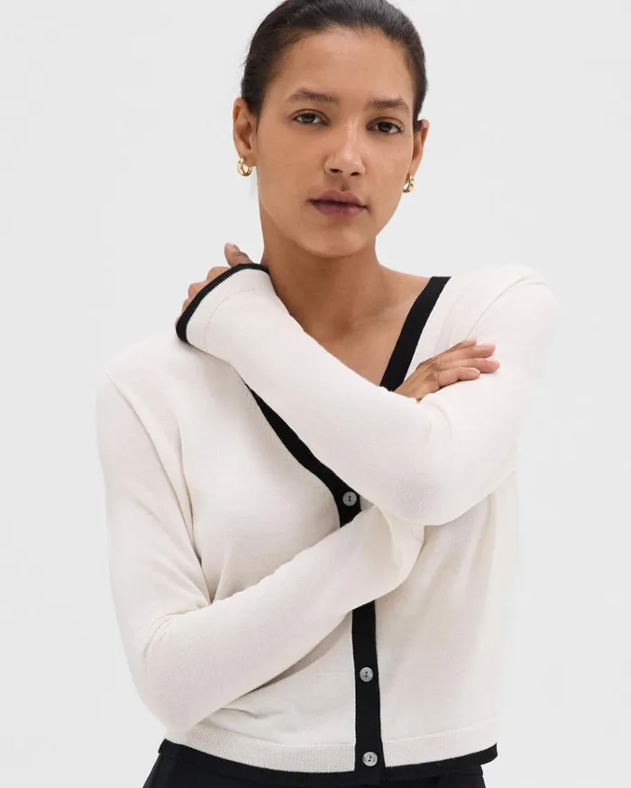 Theory Slim Cardigan In WoolViscose Ivoryblack Women Sweaters Cardigans Theory Slim Cardigan In WoolViscose Ivoryblack Women Sweaters Cardigans