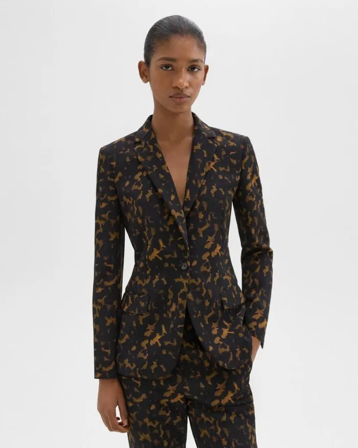 Theory Staple Blazer In Tortoiseshell Printed Crepe Dark Brown Multi Women Suits Theory Staple Blazer In Tortoiseshell Printed Crepe Dark Brown Multi Women Suits