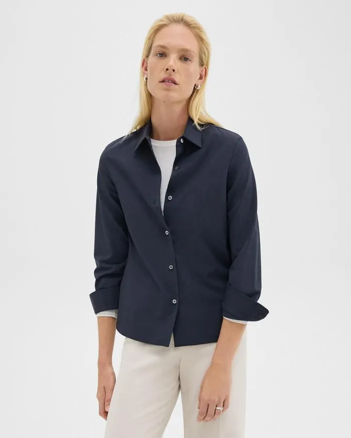 Theory Straight Shirt In Good Wool Nocturne Navy Women Tops