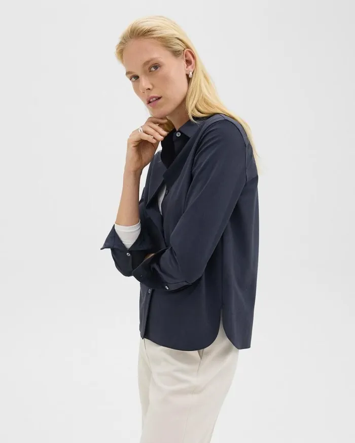 Theory Straight Shirt In Good Wool Nocturne Navy Women Tops