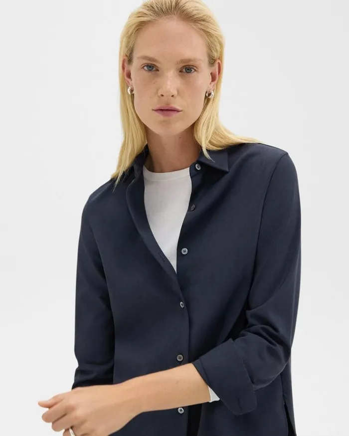 Theory Straight Shirt In Good Wool Nocturne Navy Women Tops