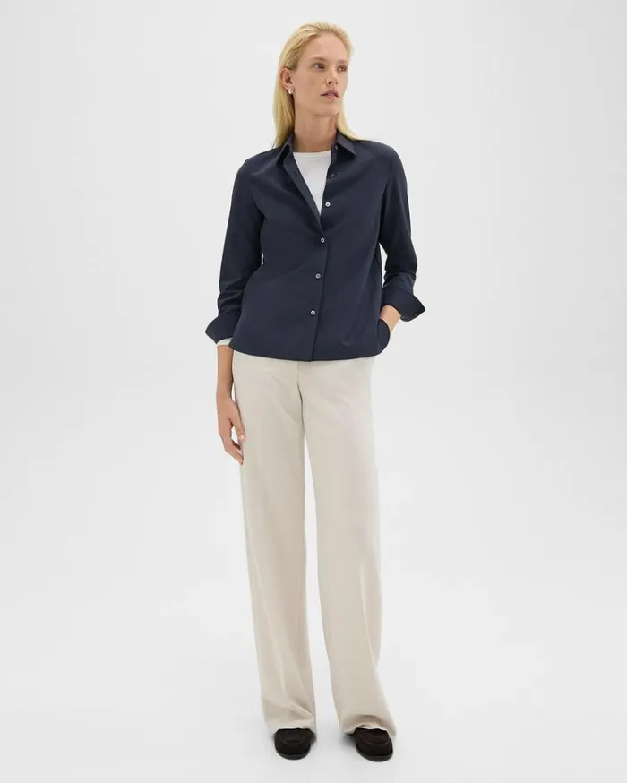 Theory Straight Shirt In Good Wool Nocturne Navy Women Tops