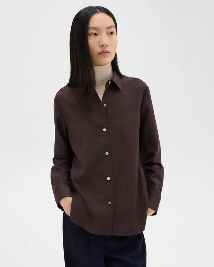 Theory Straight Shirt In Sleek Flannel Hickory Melange Women Tops