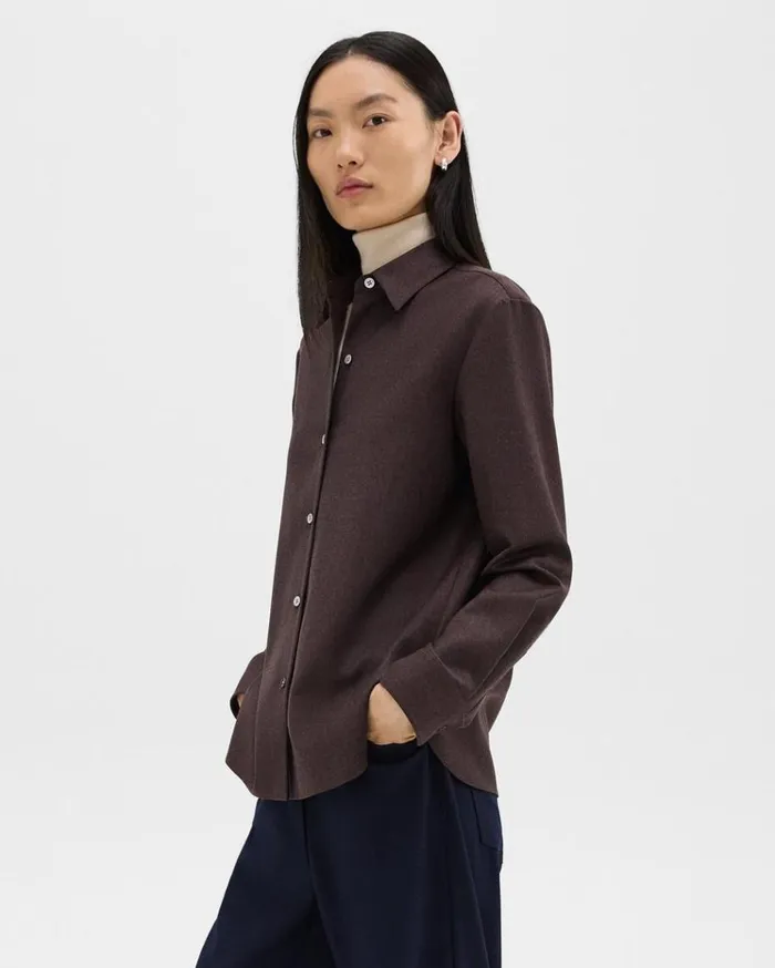 Theory Straight Shirt In Sleek Flannel Hickory Melange Women Tops