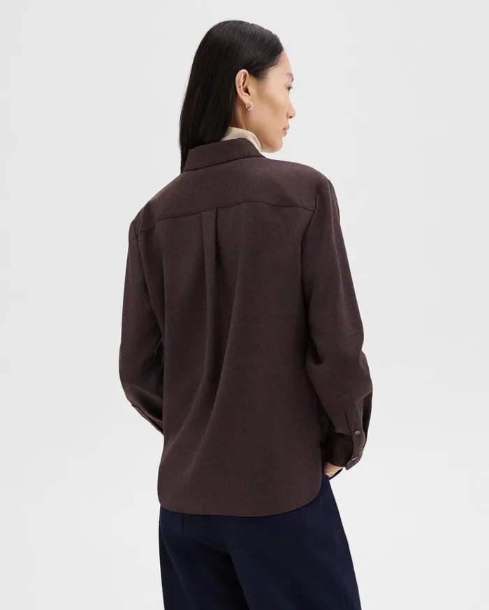 Theory Straight Shirt In Sleek Flannel Hickory Melange Women Tops