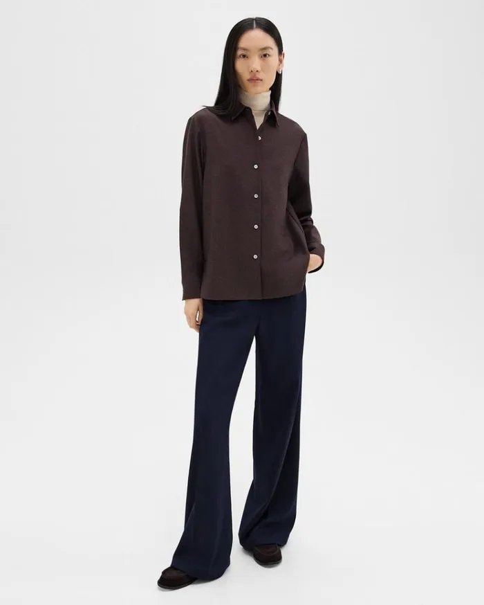 Theory Straight Shirt In Sleek Flannel Hickory Melange Women Tops