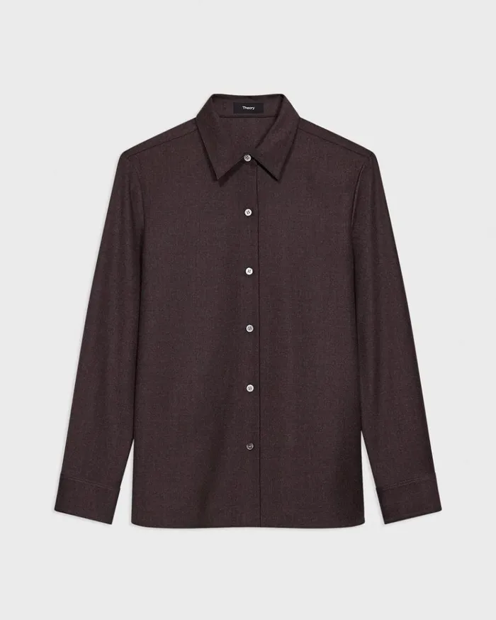 Theory Straight Shirt In Sleek Flannel Hickory Melange Women Tops