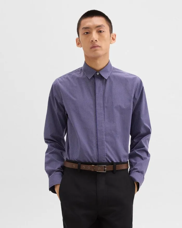 Theory Straight Shirt In Striped CottonBlend Marinalight Grey Multi Men Shirts